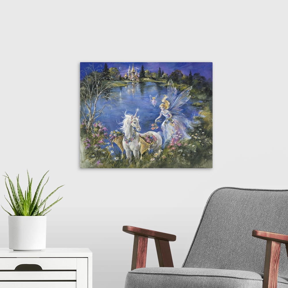 A modern room featuring Whimsical contemporary fantasy artwork of fairies and unicorns in an enchanted garden.