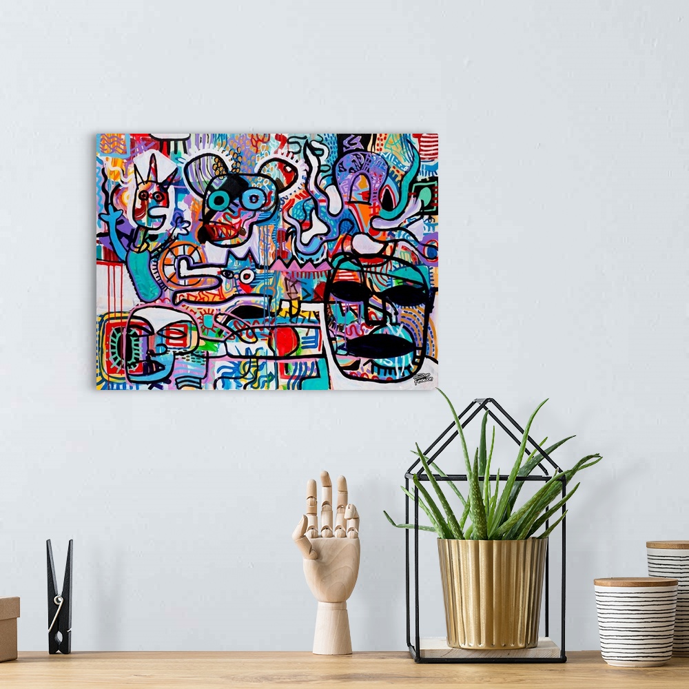 A bohemian room featuring Contemporary abstract painting using mouse forms with human forms in an urban art style.