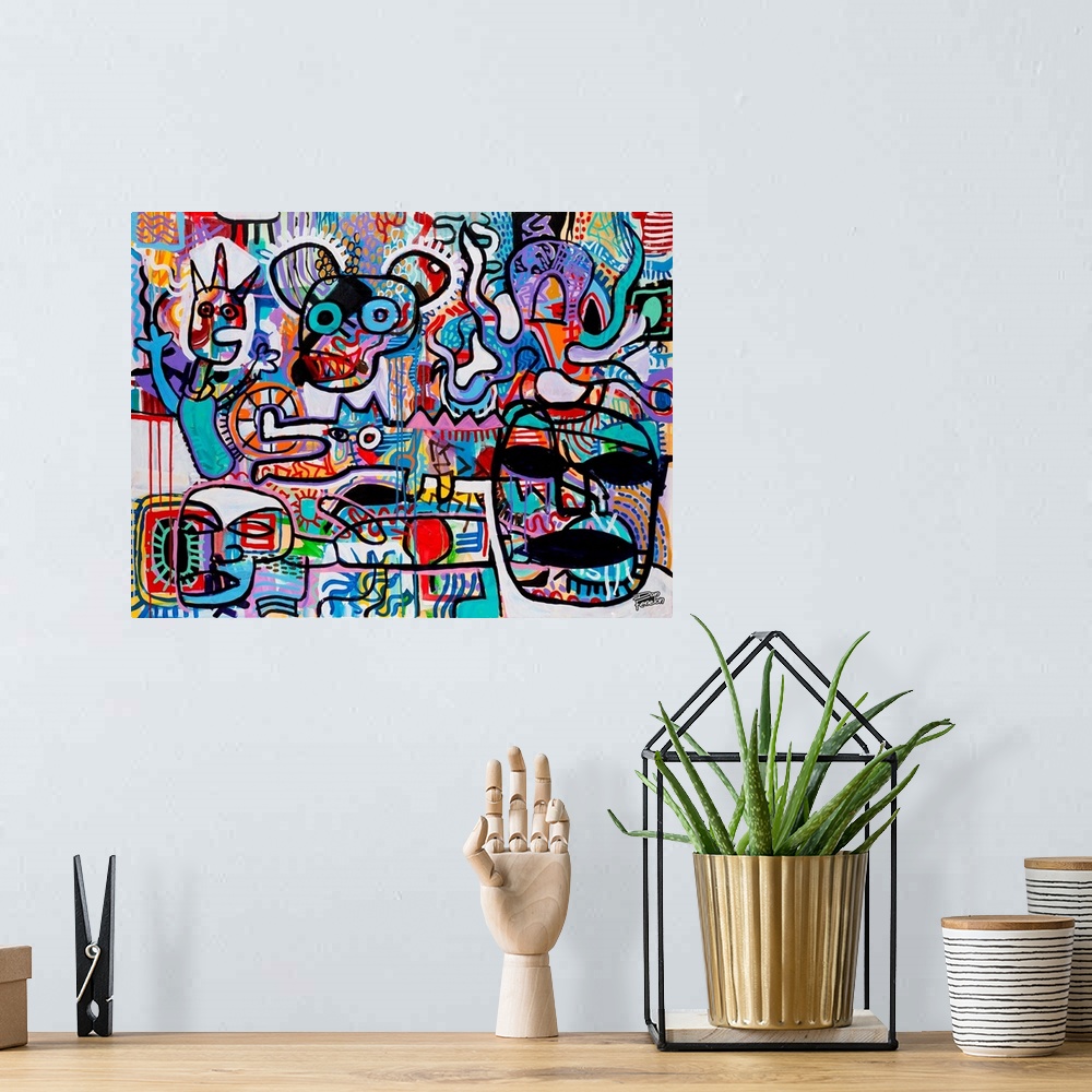 A bohemian room featuring Contemporary abstract painting using mouse forms with human forms in an urban art style.