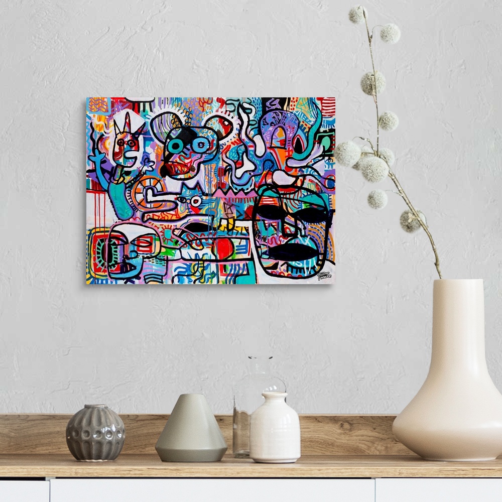 A farmhouse room featuring Contemporary abstract painting using mouse forms with human forms in an urban art style.