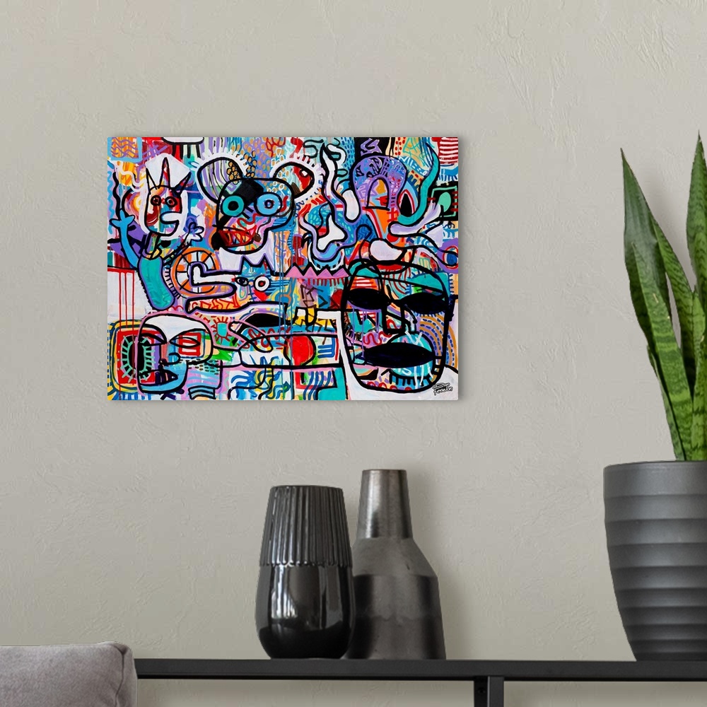 A modern room featuring Contemporary abstract painting using mouse forms with human forms in an urban art style.