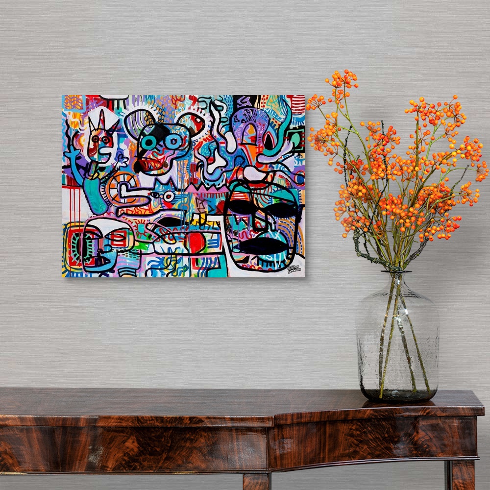 A traditional room featuring Contemporary abstract painting using mouse forms with human forms in an urban art style.