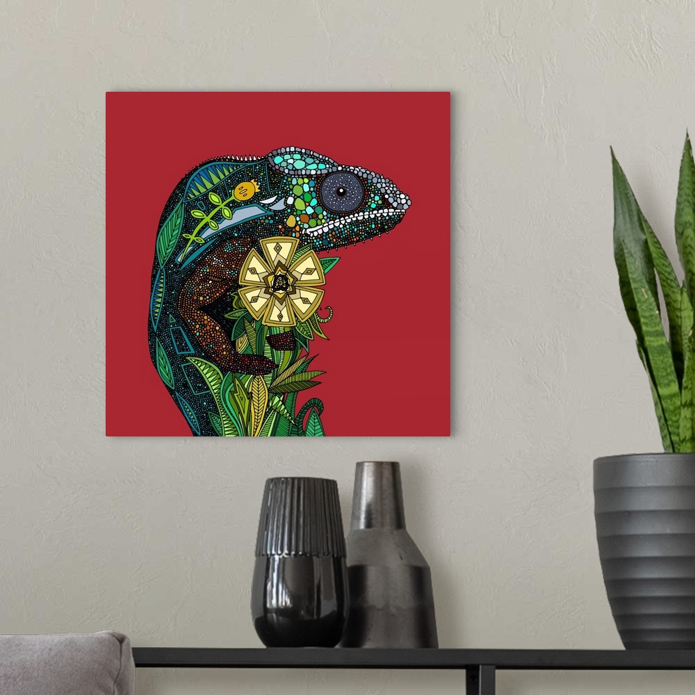 A modern room featuring Illustrated chameleon on red