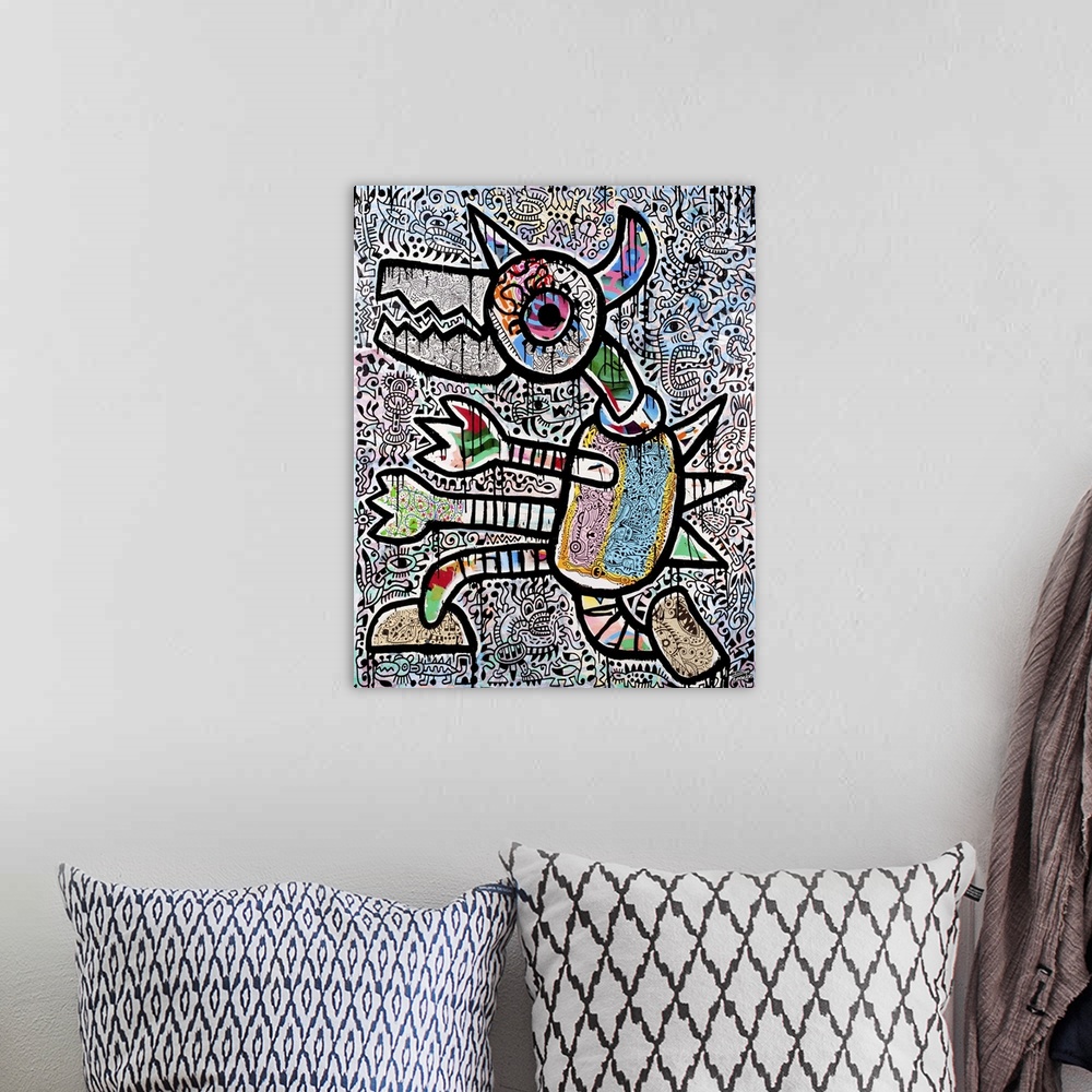 A bohemian room featuring Contemporary abstract painting of a monster in bright colors and patterns, against a detailed abs...