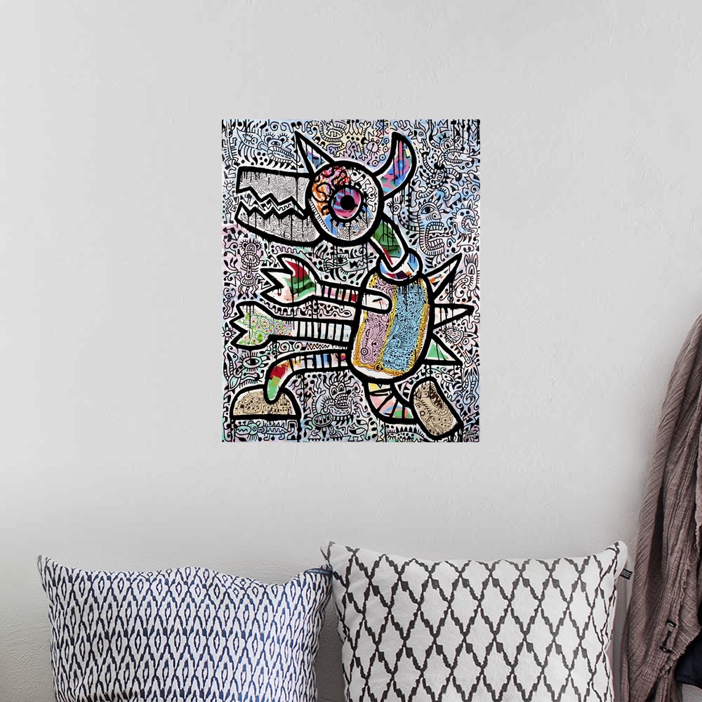 A bohemian room featuring Contemporary abstract painting of a monster in bright colors and patterns, against a detailed abs...