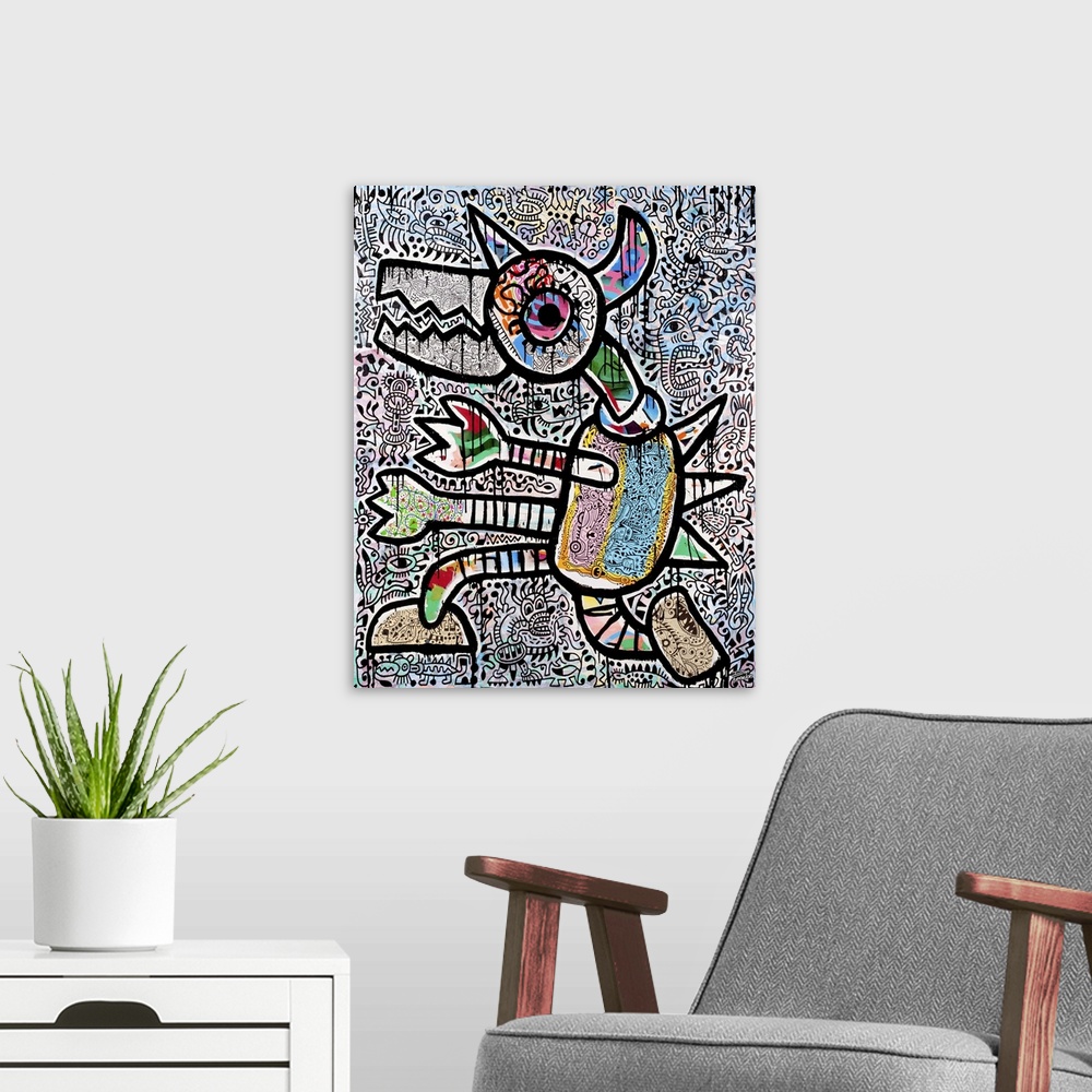 A modern room featuring Contemporary abstract painting of a monster in bright colors and patterns, against a detailed abs...