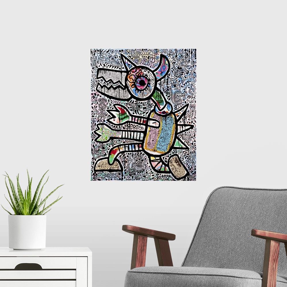 A modern room featuring Contemporary abstract painting of a monster in bright colors and patterns, against a detailed abs...