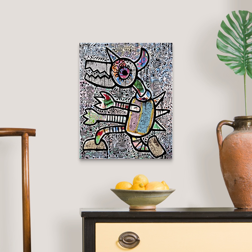 A traditional room featuring Contemporary abstract painting of a monster in bright colors and patterns, against a detailed abs...