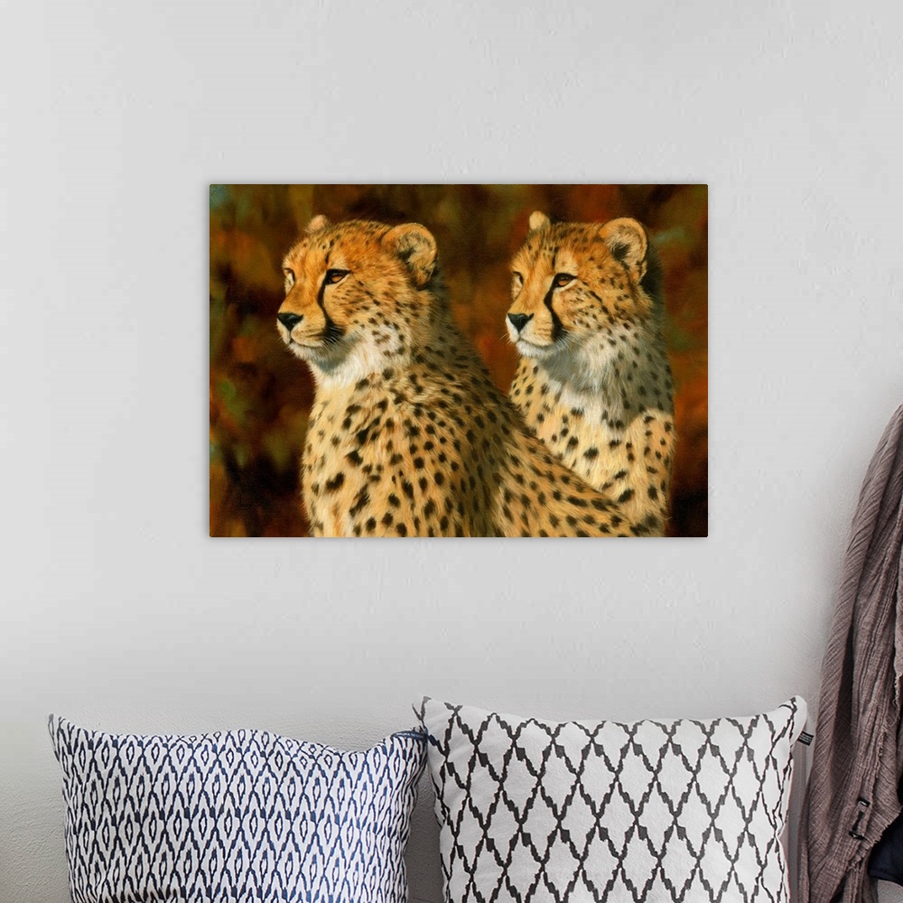 A bohemian room featuring Pair of cheetahs, oil on canvas