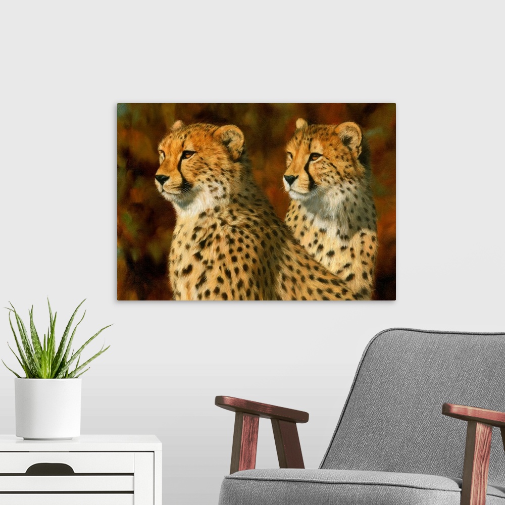 A modern room featuring Pair of cheetahs, oil on canvas