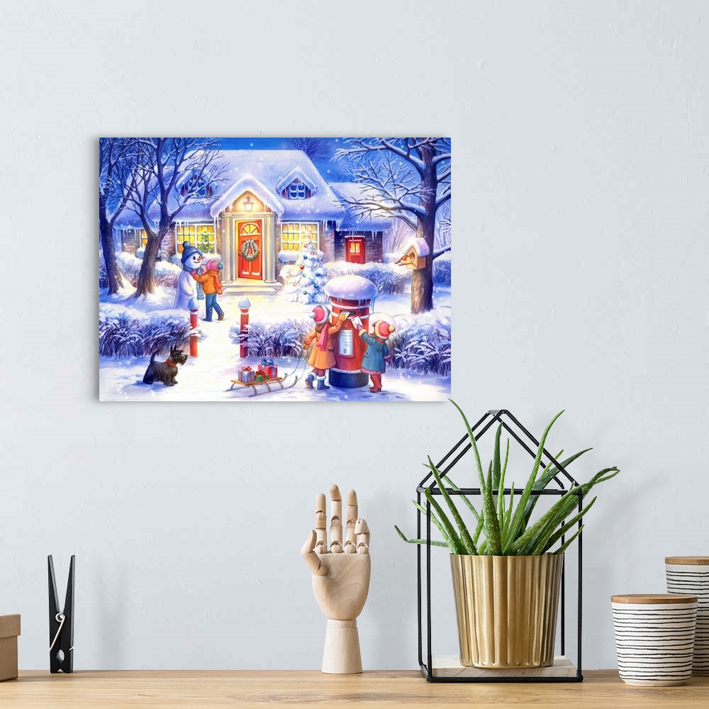 A bohemian room featuring Artwork of kids playing in the snow in their front yard on a snowy night.  There is a sled with g...