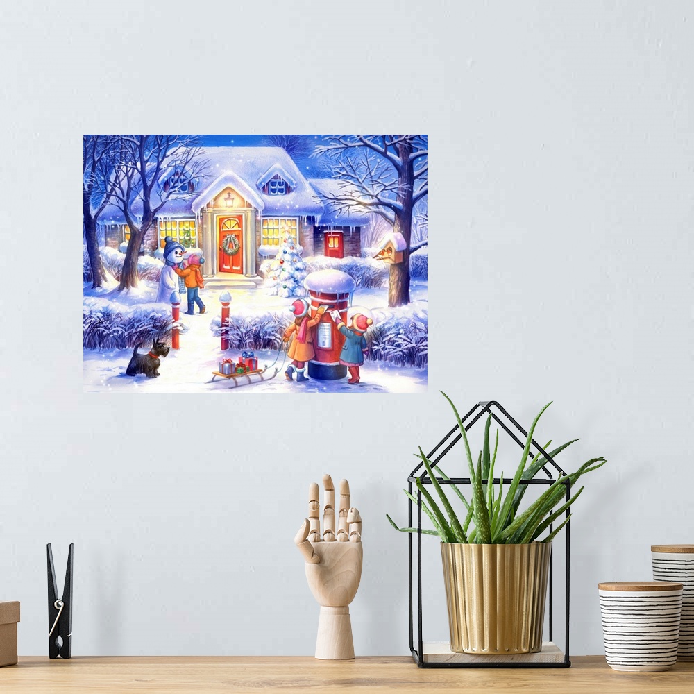 A bohemian room featuring Artwork of kids playing in the snow in their front yard on a snowy night.  There is a sled with g...