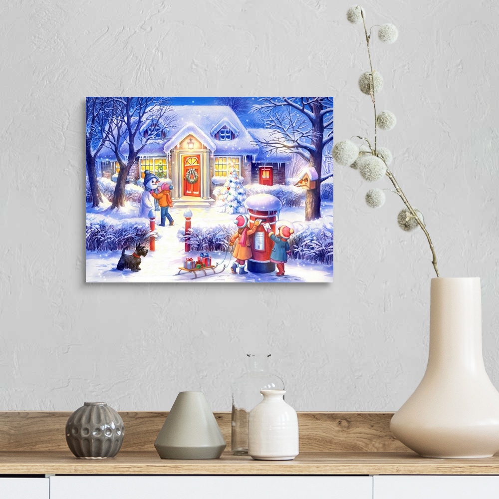 A farmhouse room featuring Artwork of kids playing in the snow in their front yard on a snowy night.  There is a sled with g...