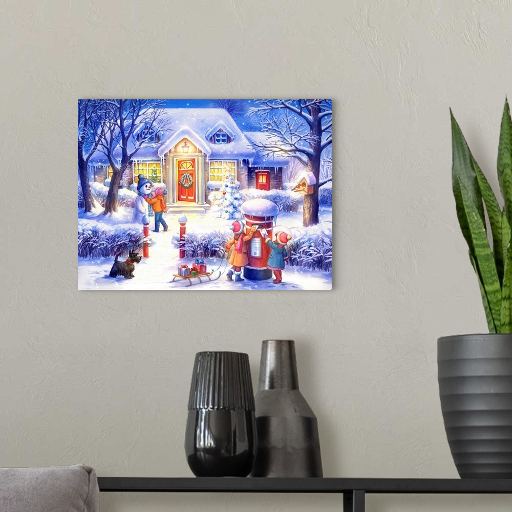 A modern room featuring Artwork of kids playing in the snow in their front yard on a snowy night.  There is a sled with g...