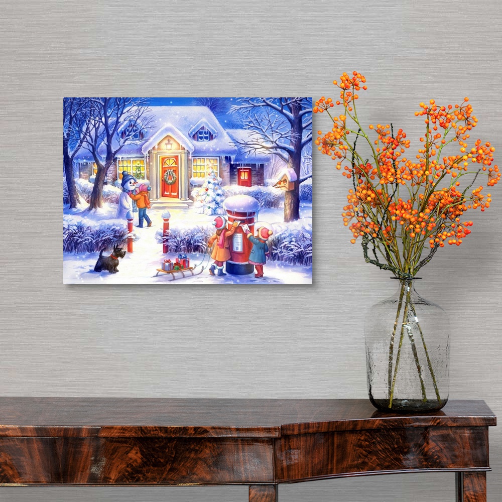 A traditional room featuring Artwork of kids playing in the snow in their front yard on a snowy night.  There is a sled with g...