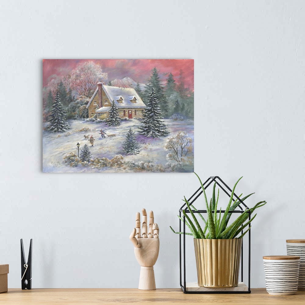 A bohemian room featuring Painting of a countryside cabin in the midst of winter surrounded by snow and trees.