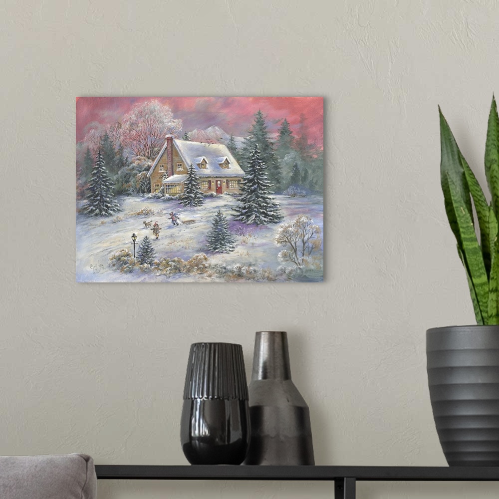 A modern room featuring Painting of a countryside cabin in the midst of winter surrounded by snow and trees.