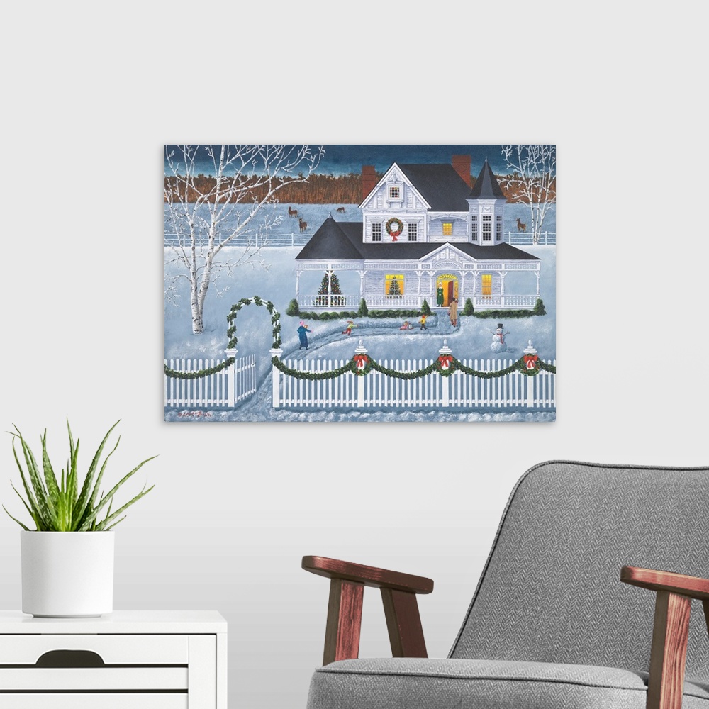 A modern room featuring Americana scene of a family playing in the snow outside of a house at Christmastime.