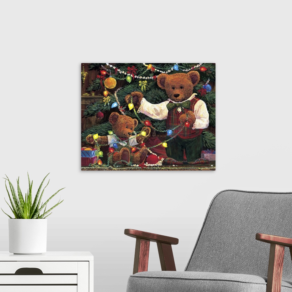 A modern room featuring Contemporary and whimsical artwork using teddy bears and everyday activities.