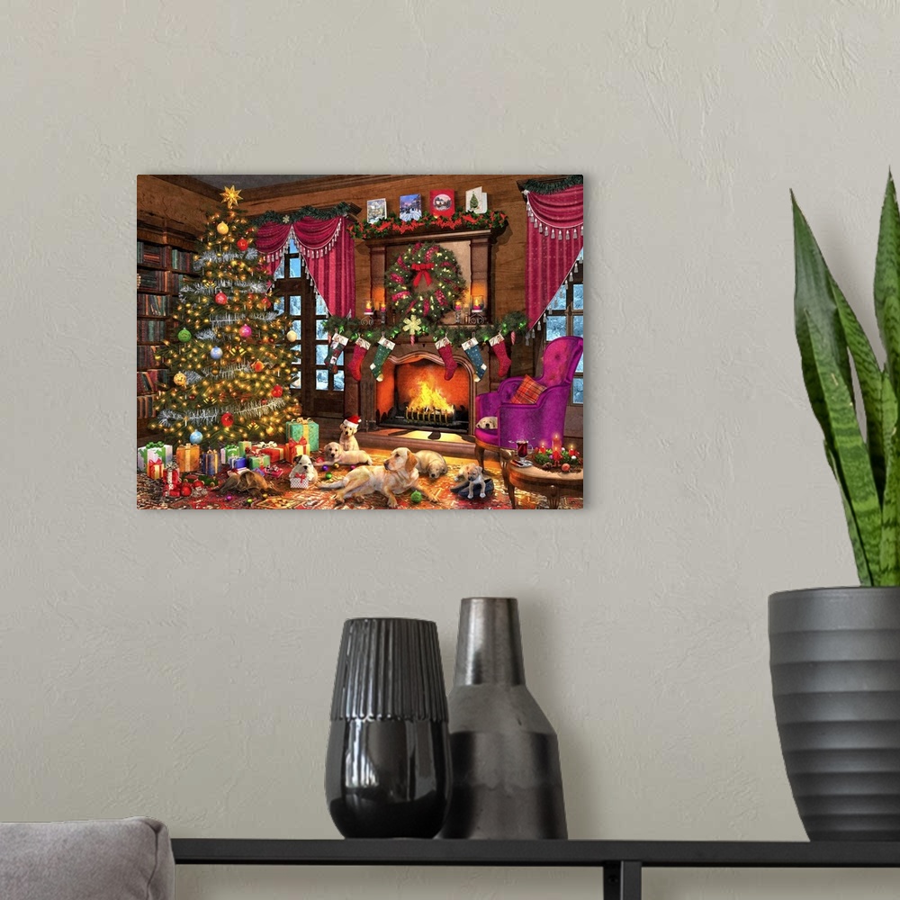 A modern room featuring Illustration of a Christmas fireplace surrounded by puppies.