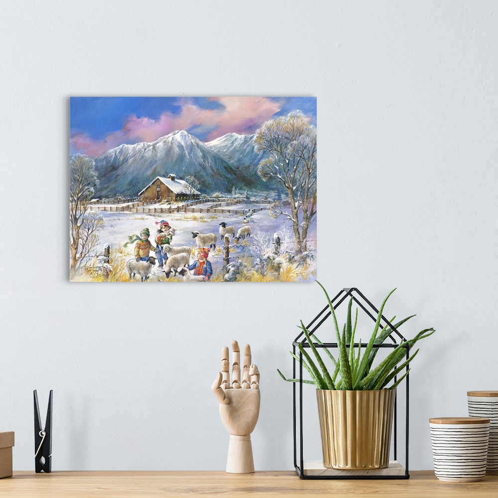 A bohemian room featuring Contemporary painting of children playing with young lambs in the snow.