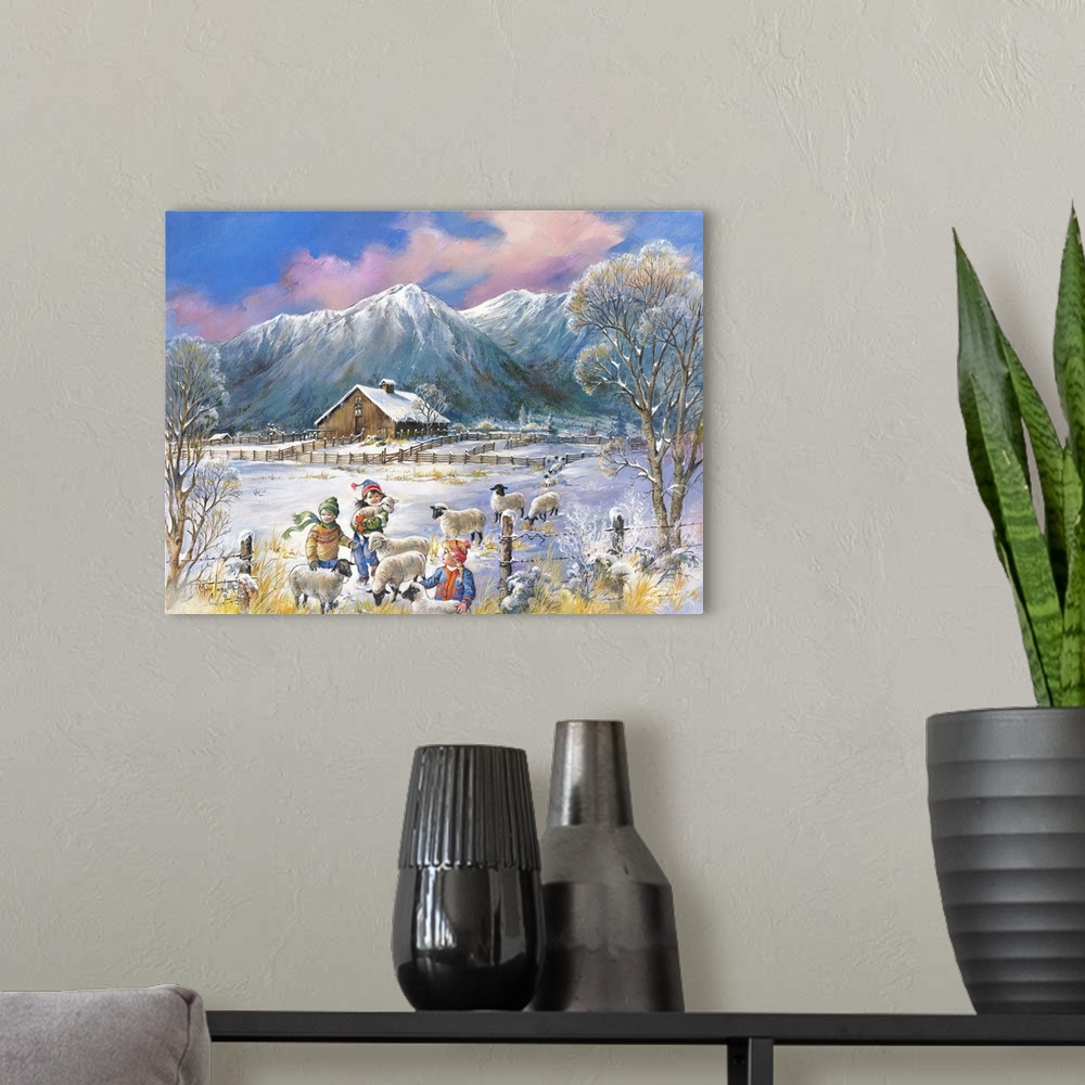 A modern room featuring Contemporary painting of children playing with young lambs in the snow.