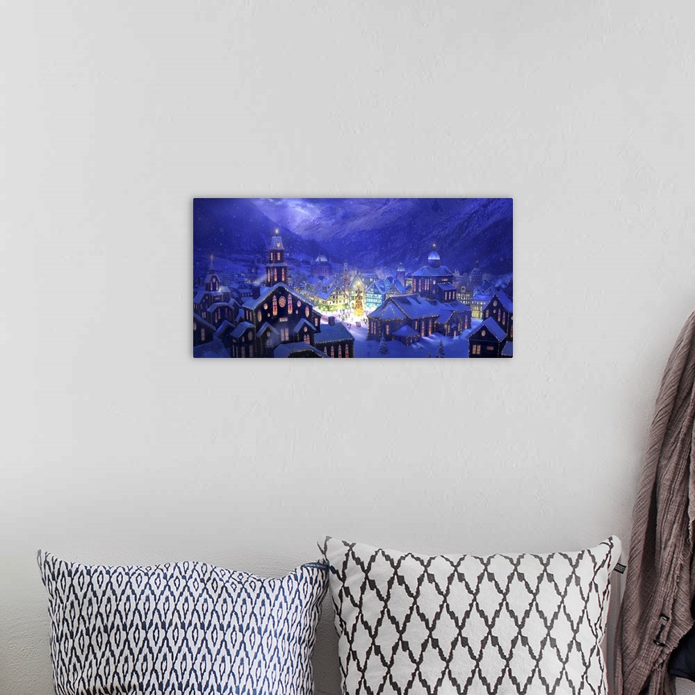 A bohemian room featuring Contemporary artwork of a snowy mountain village illuminated by the Christmas put up by the town.