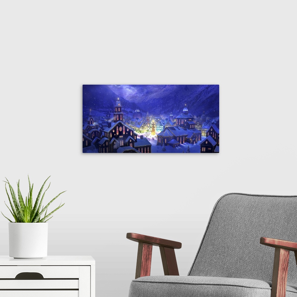 A modern room featuring Contemporary artwork of a snowy mountain village illuminated by the Christmas put up by the town.