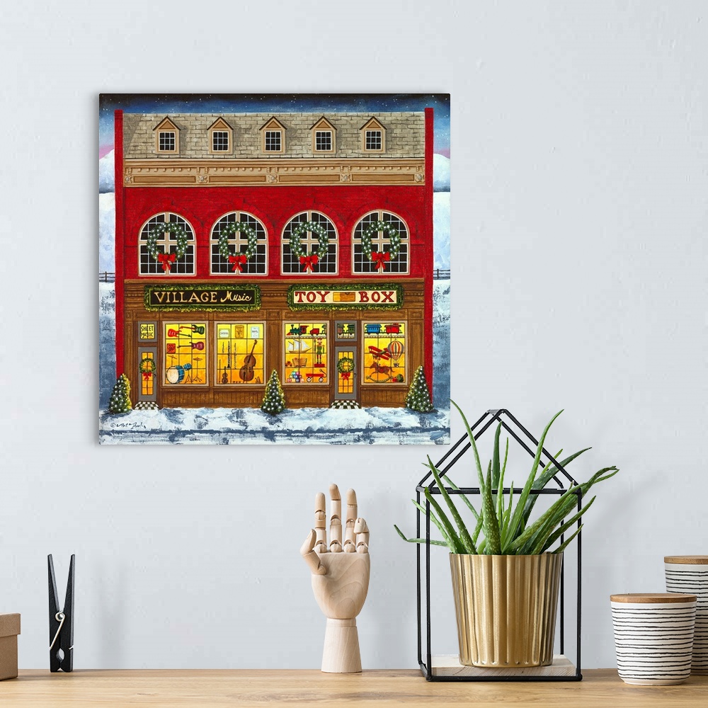 A bohemian room featuring Americana scene of a red building with a music store and toy shop inside.