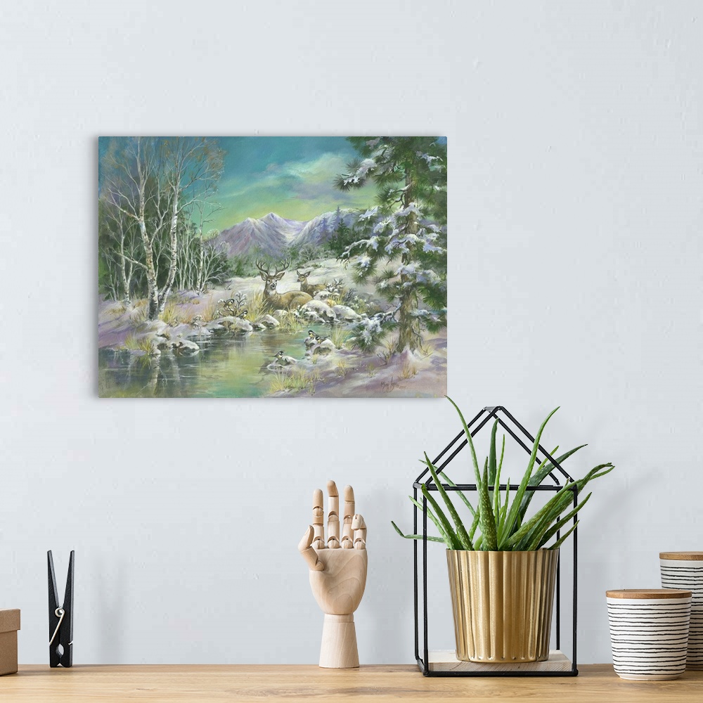 A bohemian room featuring Contemporary painting of deer laying in a clearing in the woods.