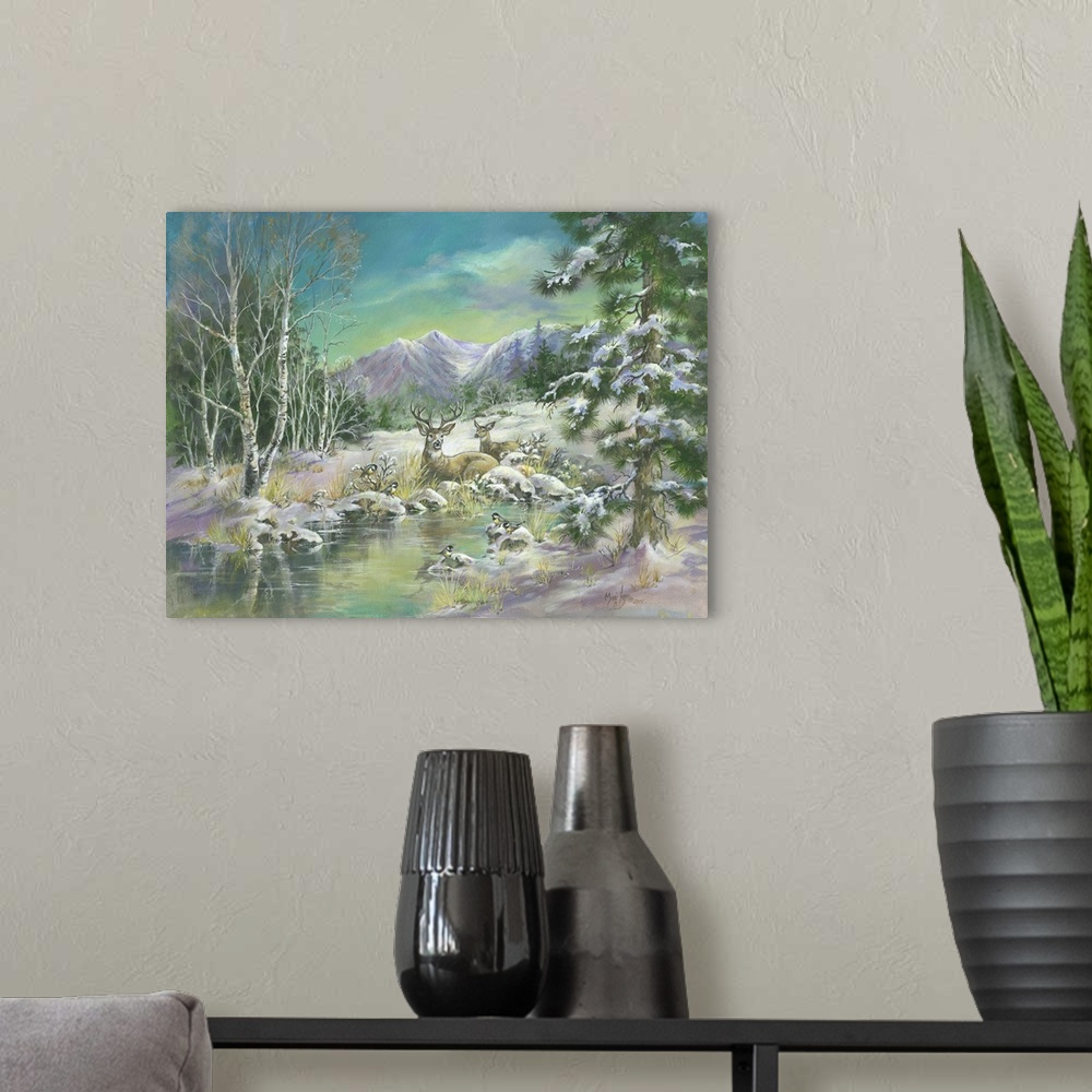 A modern room featuring Contemporary painting of deer laying in a clearing in the woods.