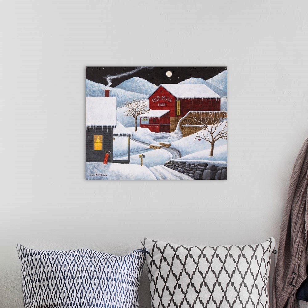A bohemian room featuring Americana scene of a red water mill covered in snow on a winter night.