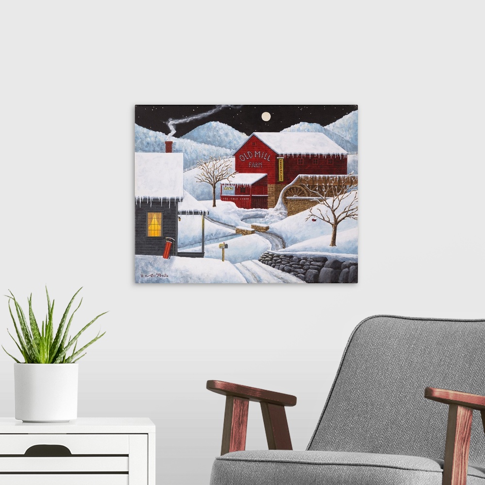 A modern room featuring Americana scene of a red water mill covered in snow on a winter night.