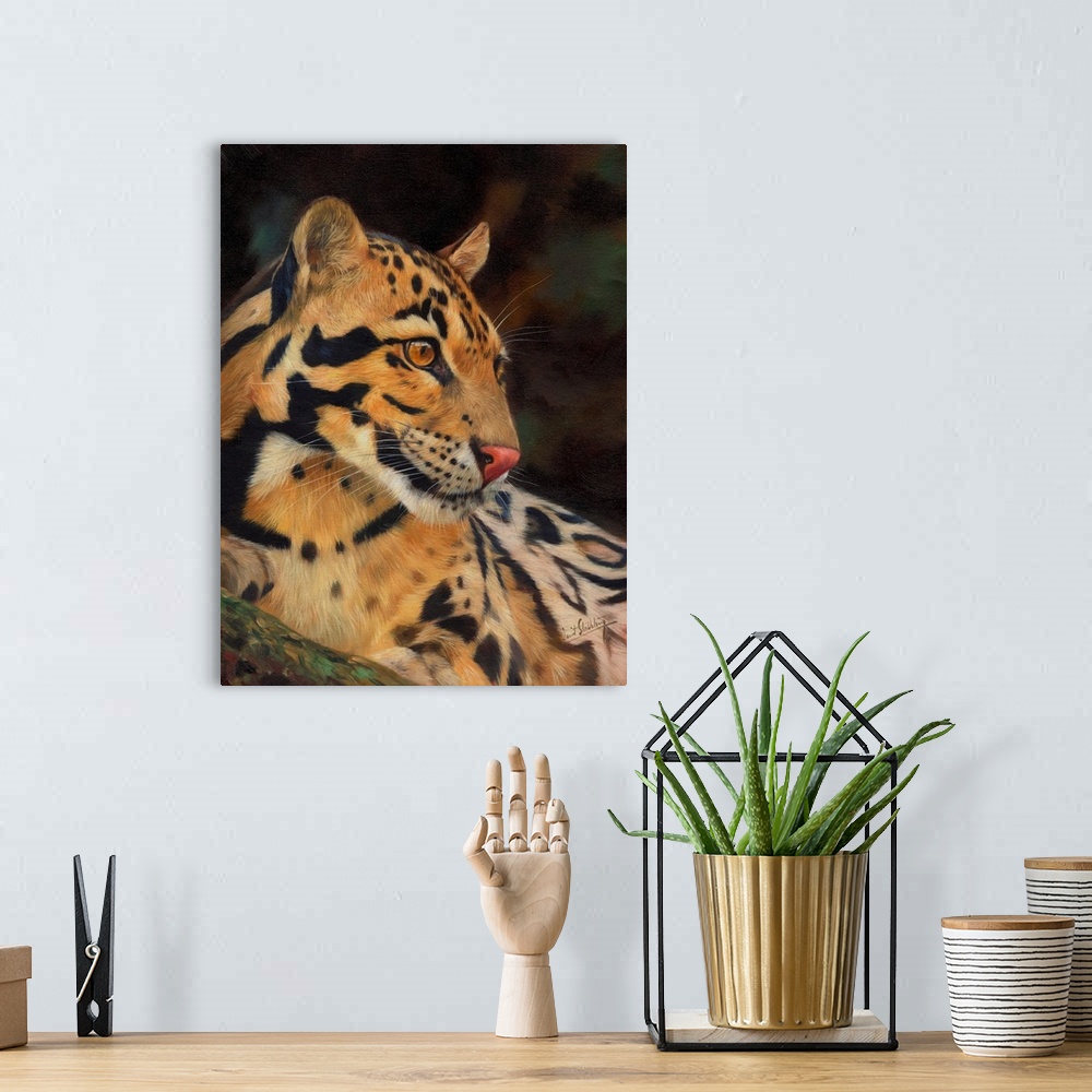 A bohemian room featuring Contemporary painting of a clouded leopard looking at something with intent.