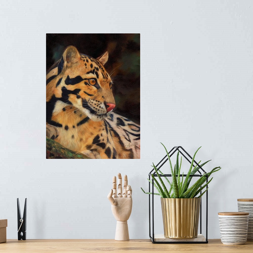 A bohemian room featuring Contemporary painting of a clouded leopard looking at something with intent.