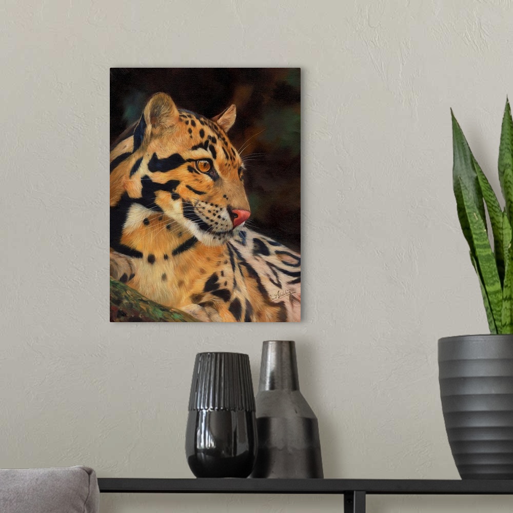 A modern room featuring Contemporary painting of a clouded leopard looking at something with intent.