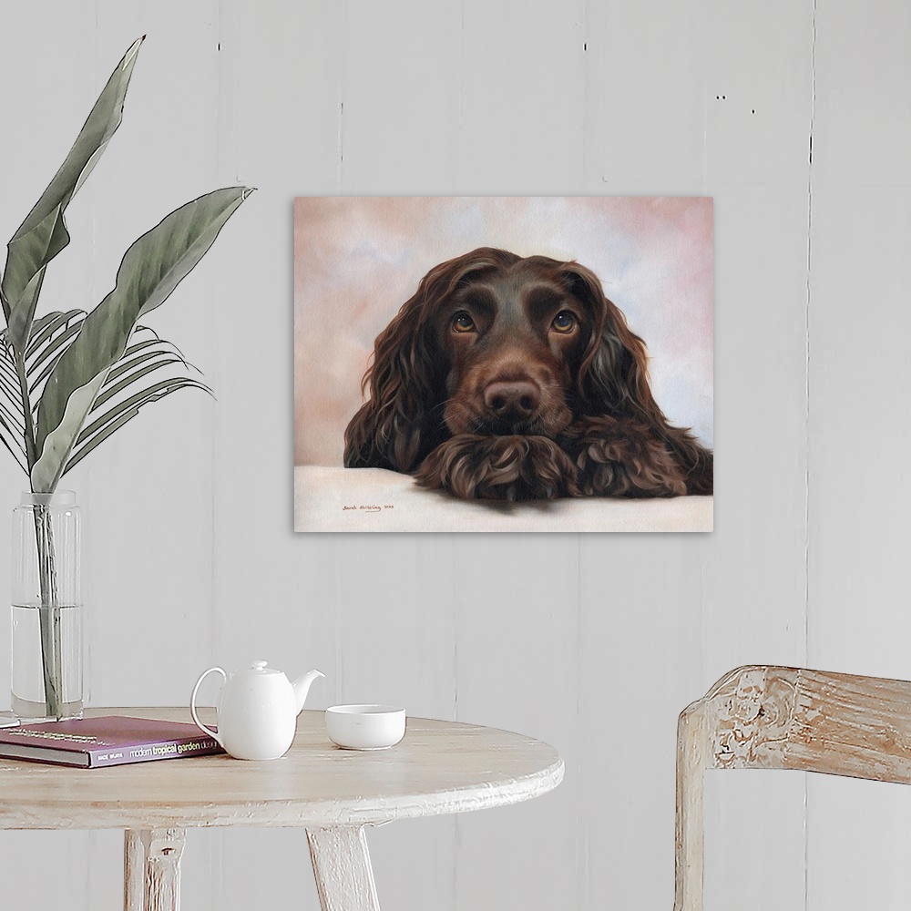 A farmhouse room featuring Oil painting of a Cocker spaniel.