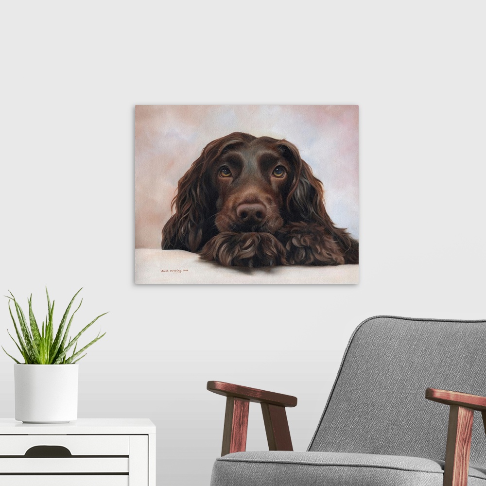 A modern room featuring Oil painting of a Cocker spaniel.