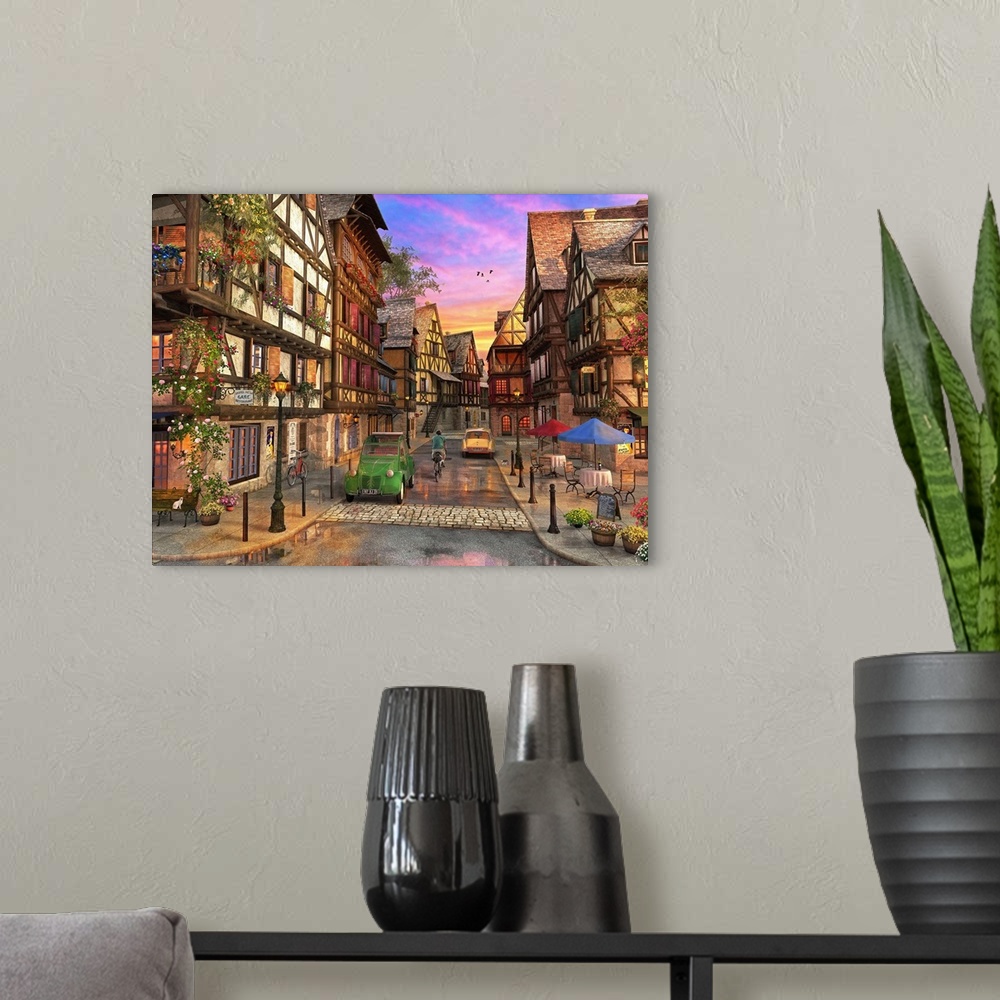 A modern room featuring Illustration of the town of Colmar at sunset.