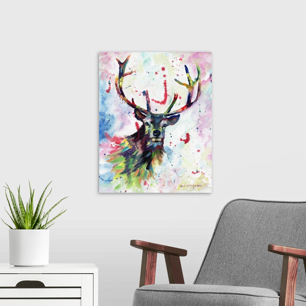 A modern room featuring Abstract Stag in rainbow colors.