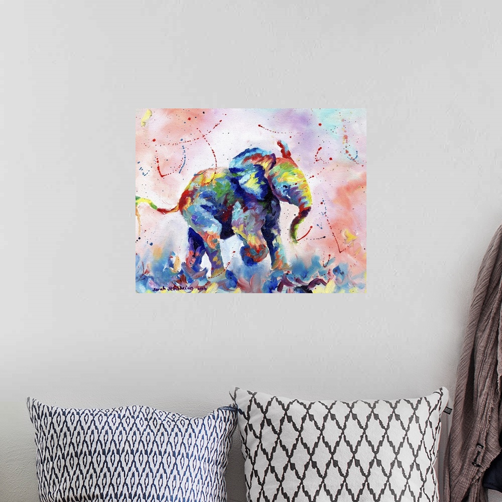 A bohemian room featuring African elephant baby painted in oil paints on canvas.
