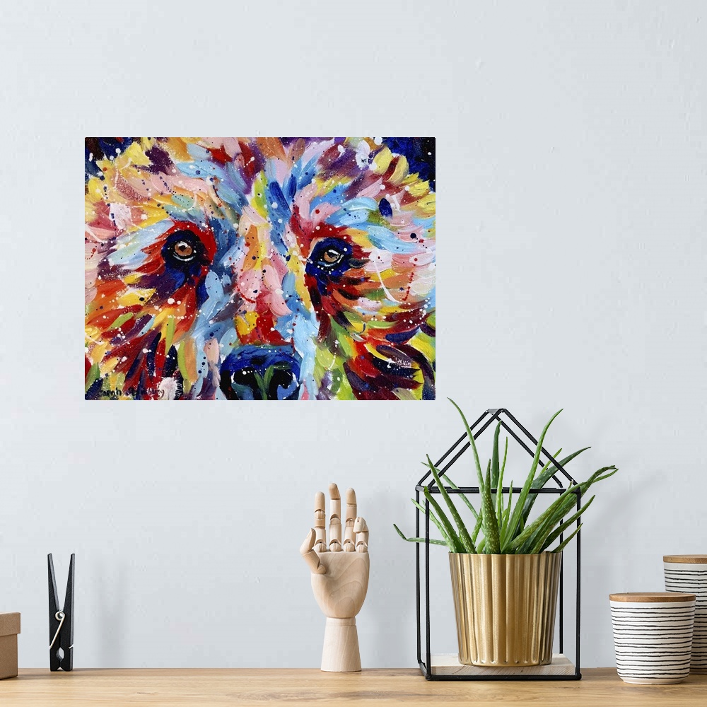 A bohemian room featuring Brown bear painted in rainbow colors in oil paints on canvas