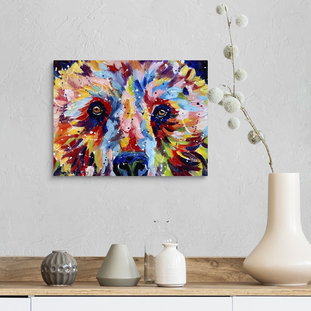A farmhouse room featuring Brown bear painted in rainbow colors in oil paints on canvas