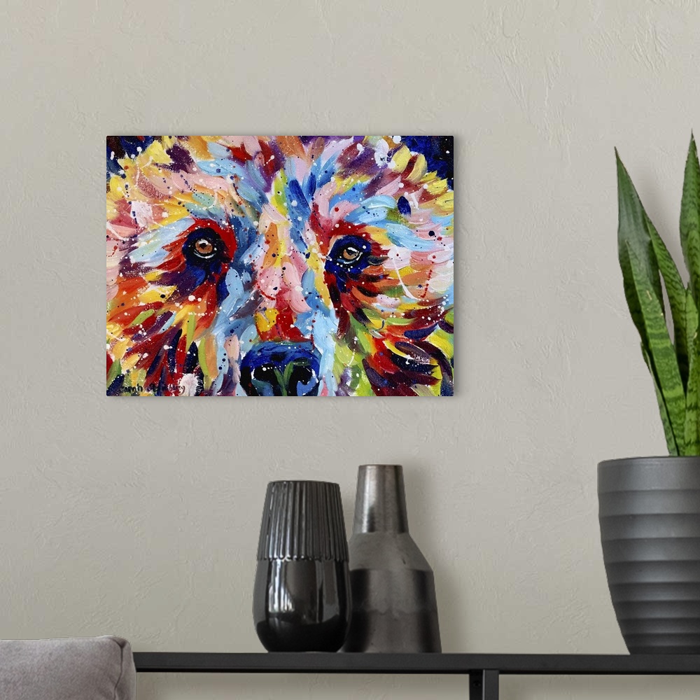 A modern room featuring Brown bear painted in rainbow colors in oil paints on canvas