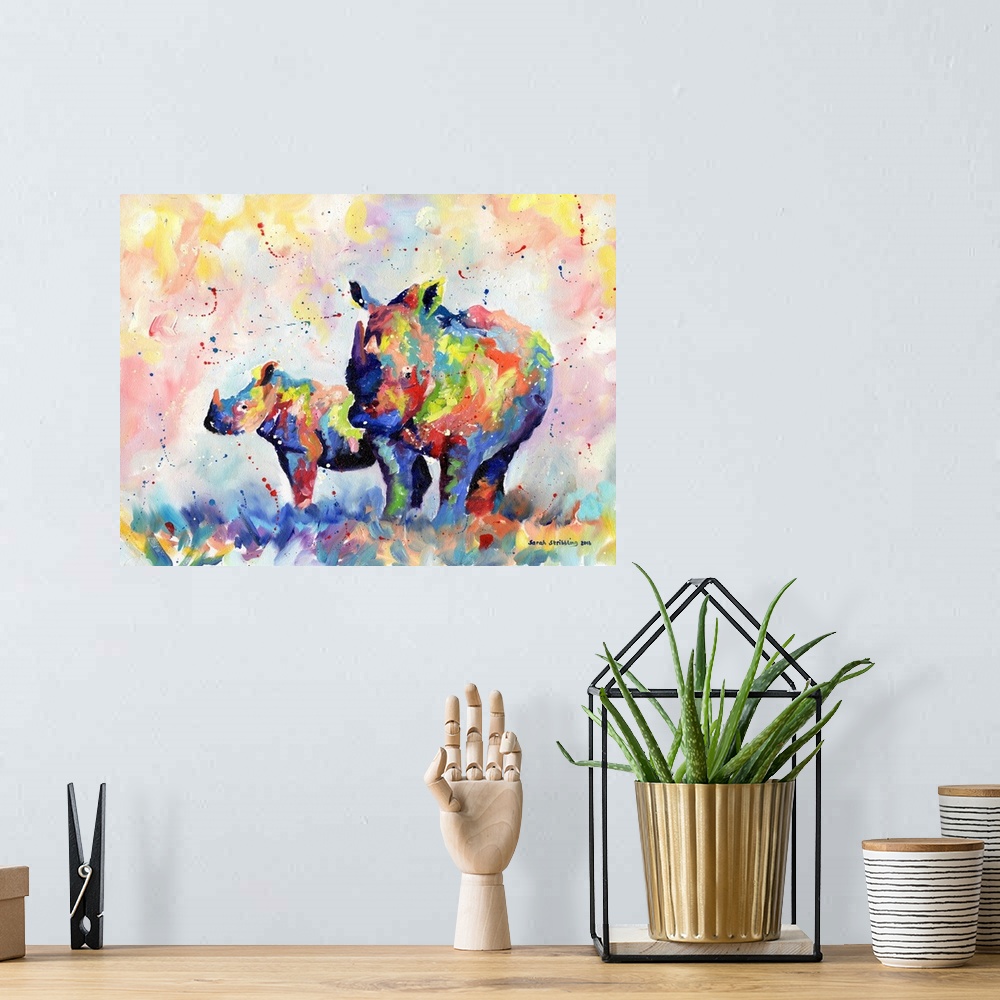 A bohemian room featuring Rhino and baby in rainbow colors painted in oil paints on canvas.