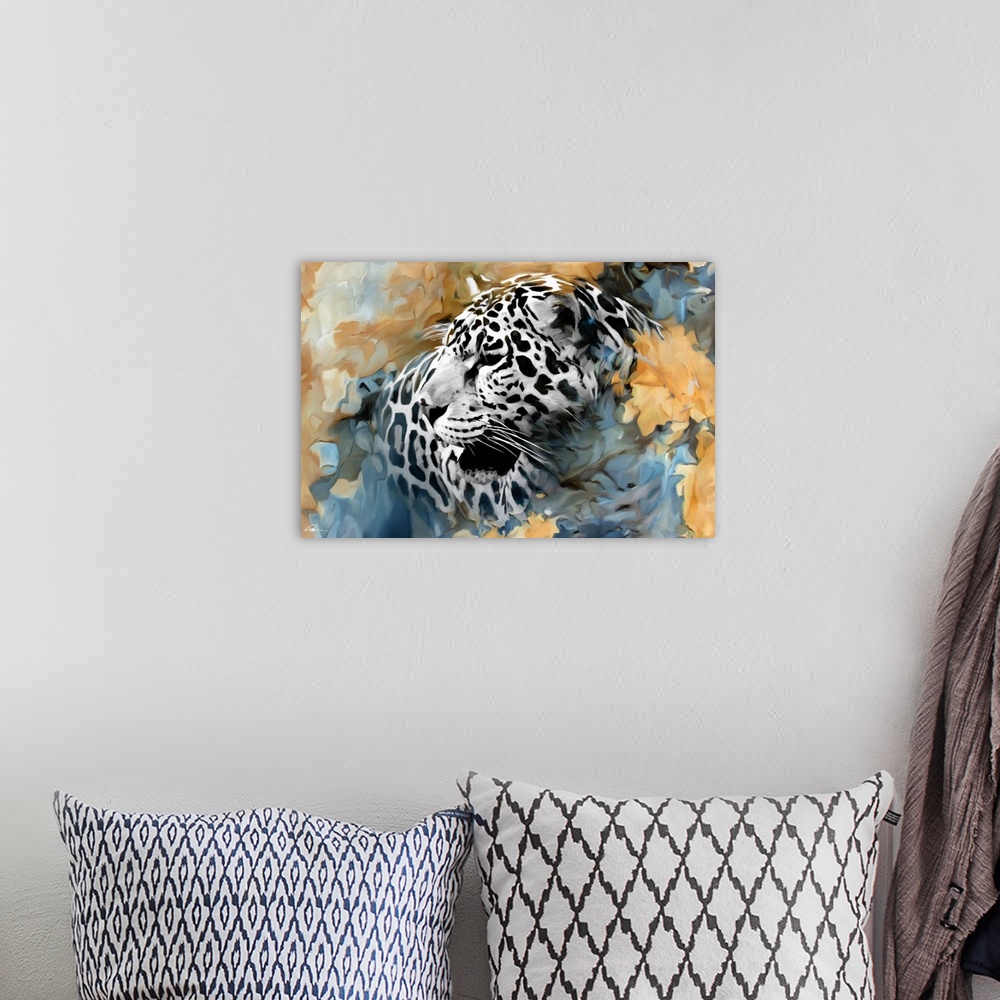 A bohemian room featuring Contemporary animal art of a leopard surround by abstract forms in earthy tones.