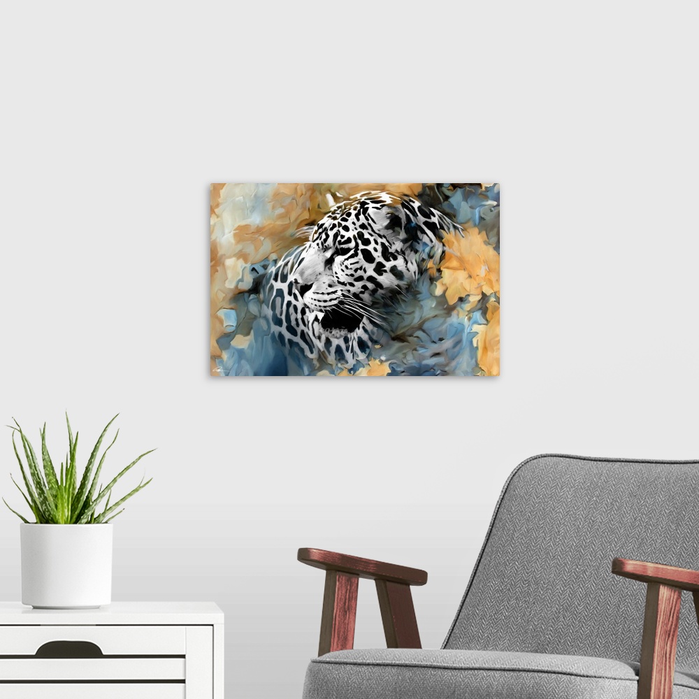 A modern room featuring Contemporary animal art of a leopard surround by abstract forms in earthy tones.