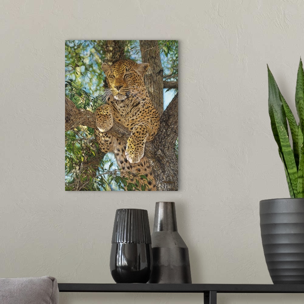 A modern room featuring Contemporary painting of a leopard laying in a tree.