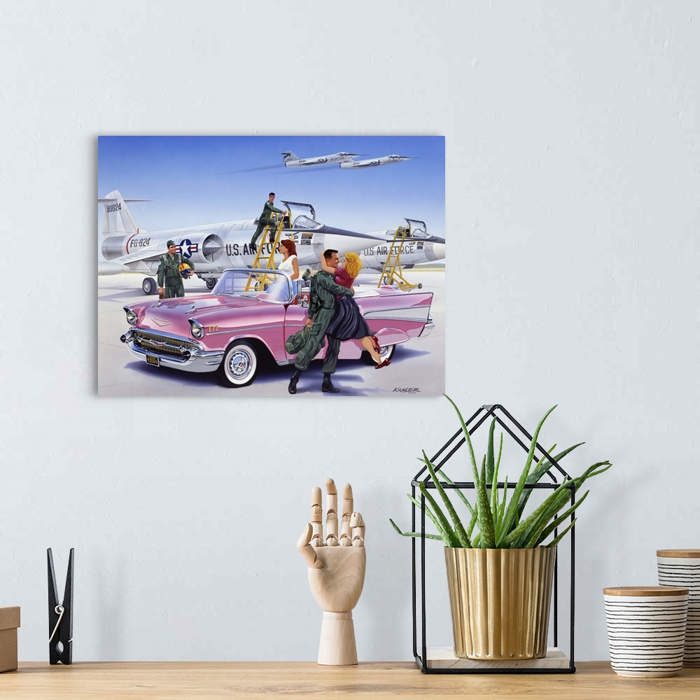 A bohemian room featuring Air Force F-104 Starfighters and a 1957 Chevy convertible