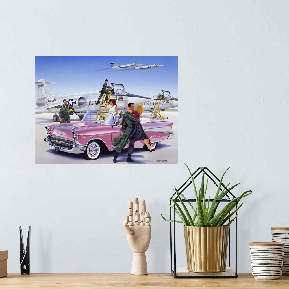 A bohemian room featuring Air Force F-104 Starfighters and a 1957 Chevy convertible